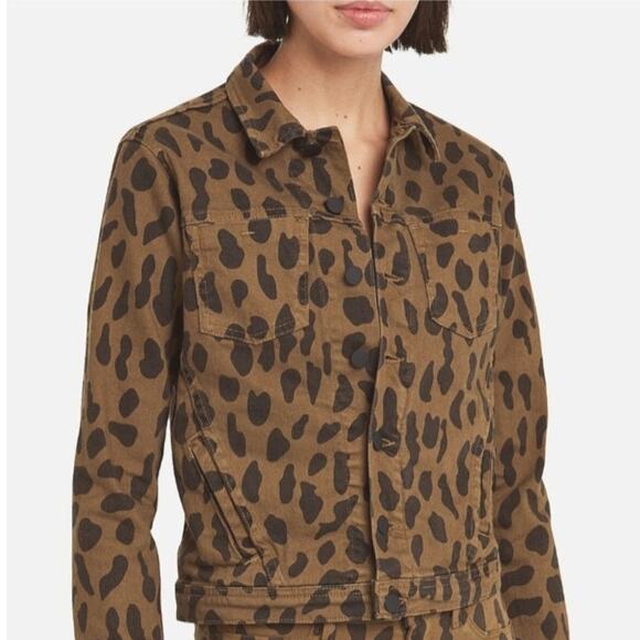 L'Agence Celine Slim Fit Leopard Print Cropped Denim Jacket Camel S NWT - Picture 2 of 16